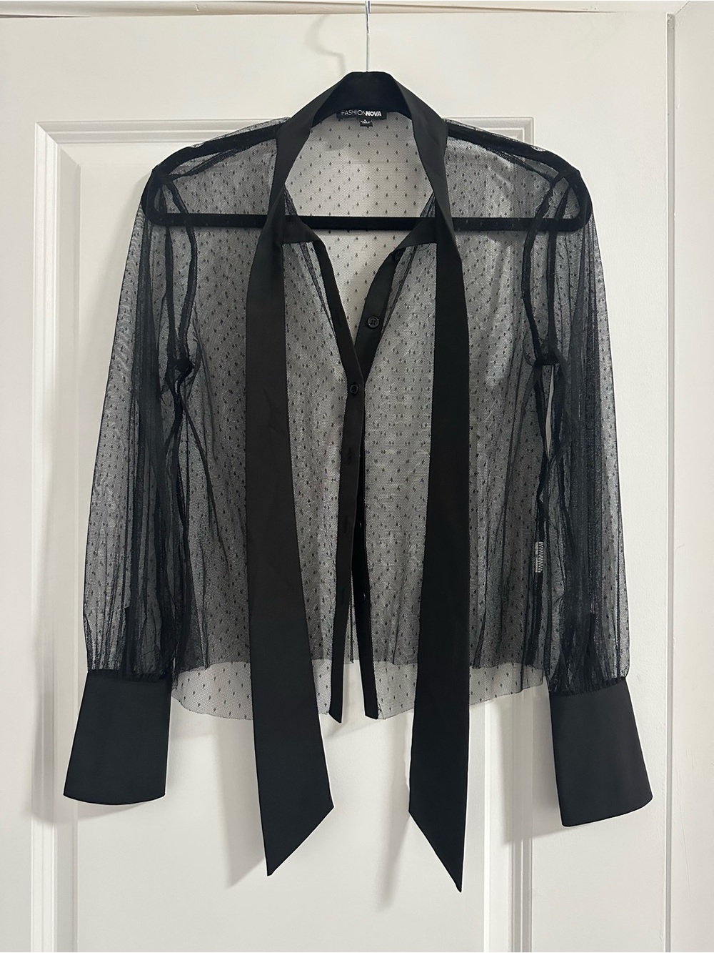 Fashion Nova Black Sheer Dot Tie-Neck Blouse